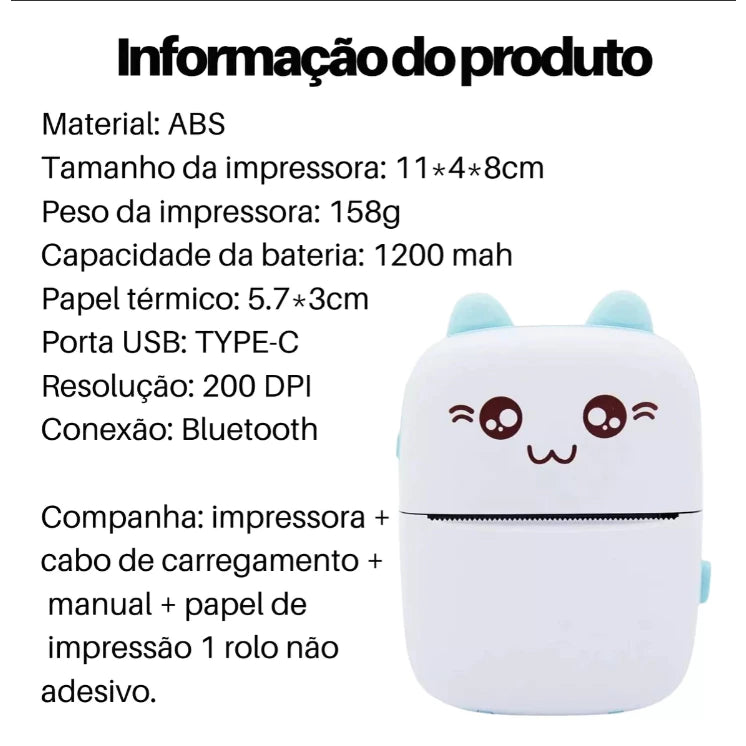 Mini Impressora Bluetooth Portátil de Gatinho